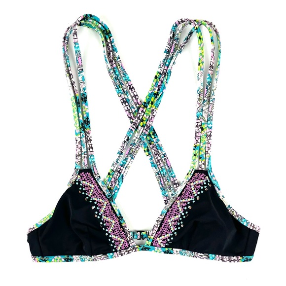 Victoria’s Secret Strappy Cross Back Black Embroidered Triangle Bikini Top - Picture 3 of 7